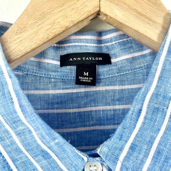 Ann Taylor Blue Striped Linen Full Button Front Belted Shirt Dress Size Medium - Picture 4 of 13